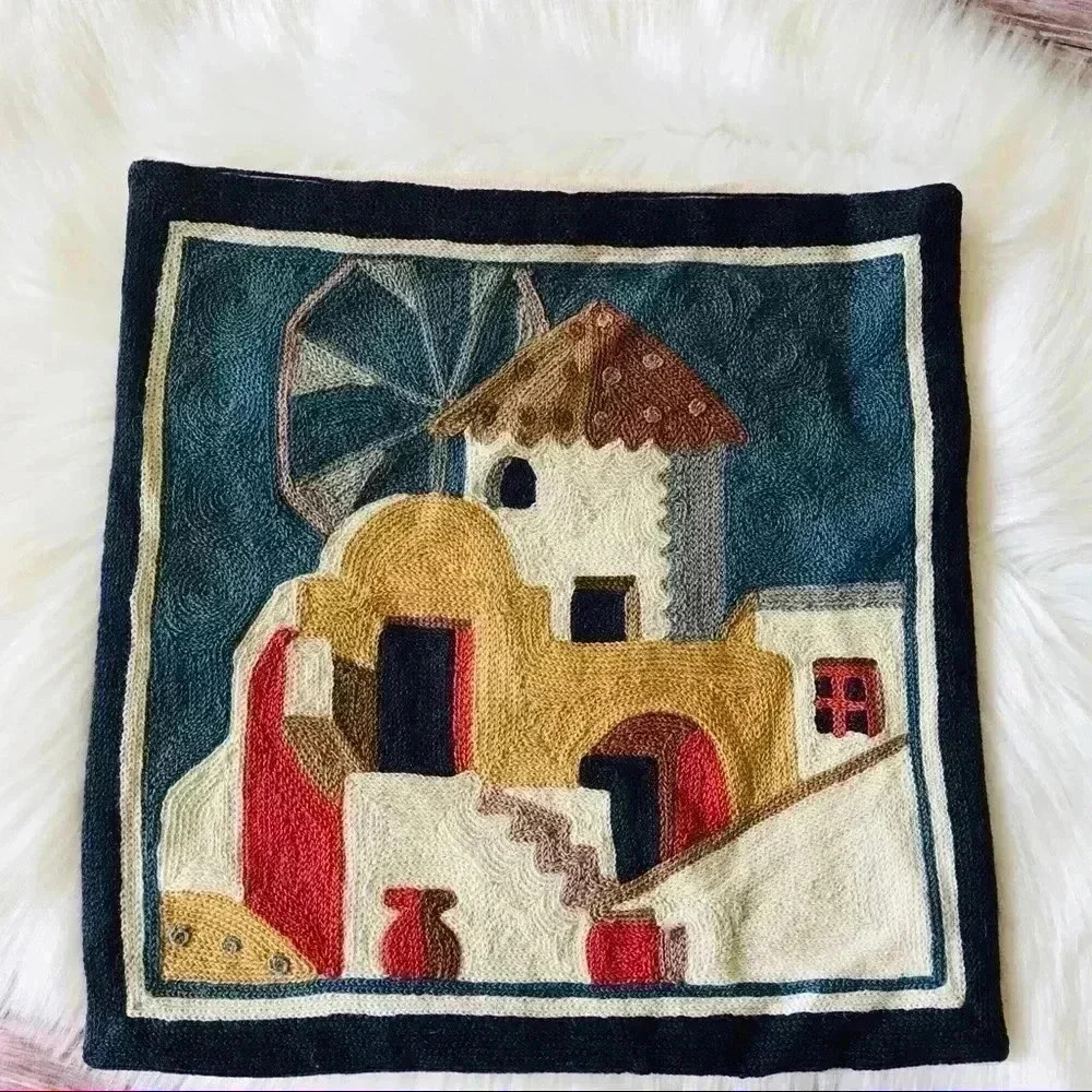 Vintage Hand Made Embroidered Wool Knit Pillow